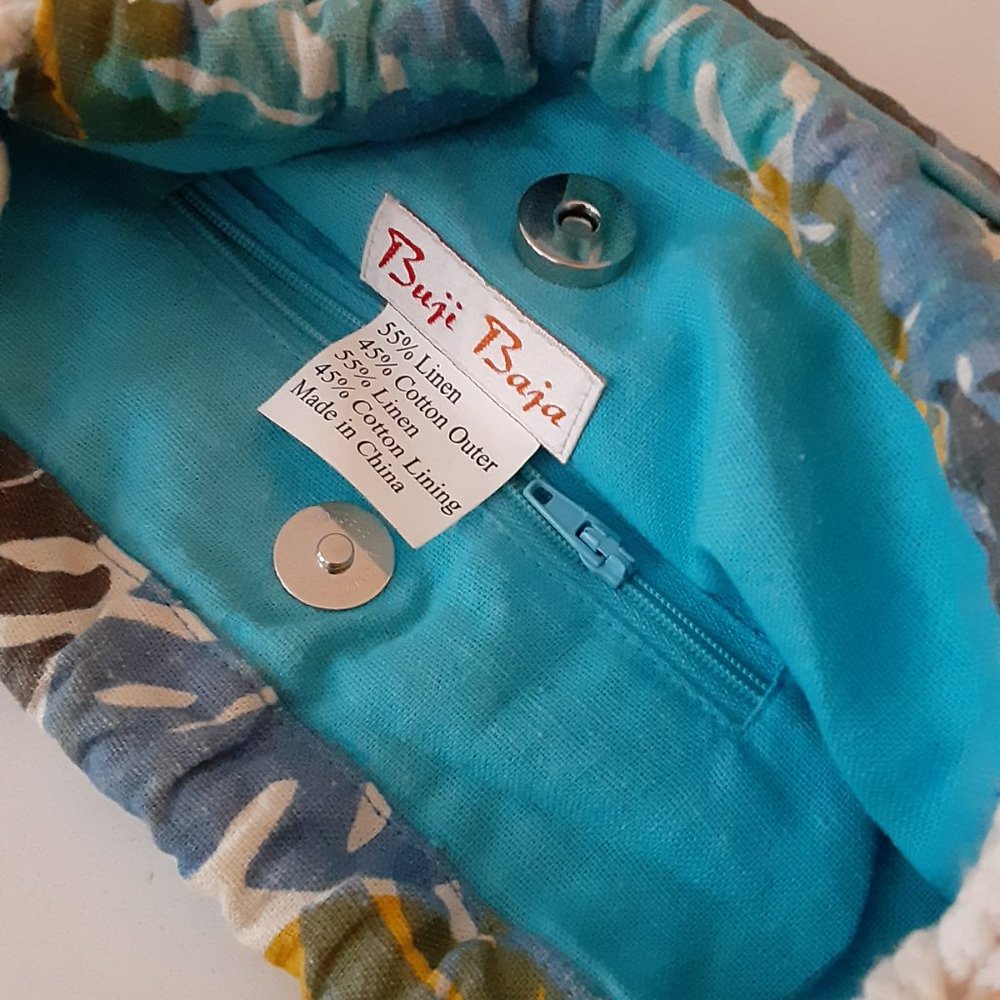 Blue tropical print cotton/ linen  mini bag with wood & rope strap - Picture 4 of 4
